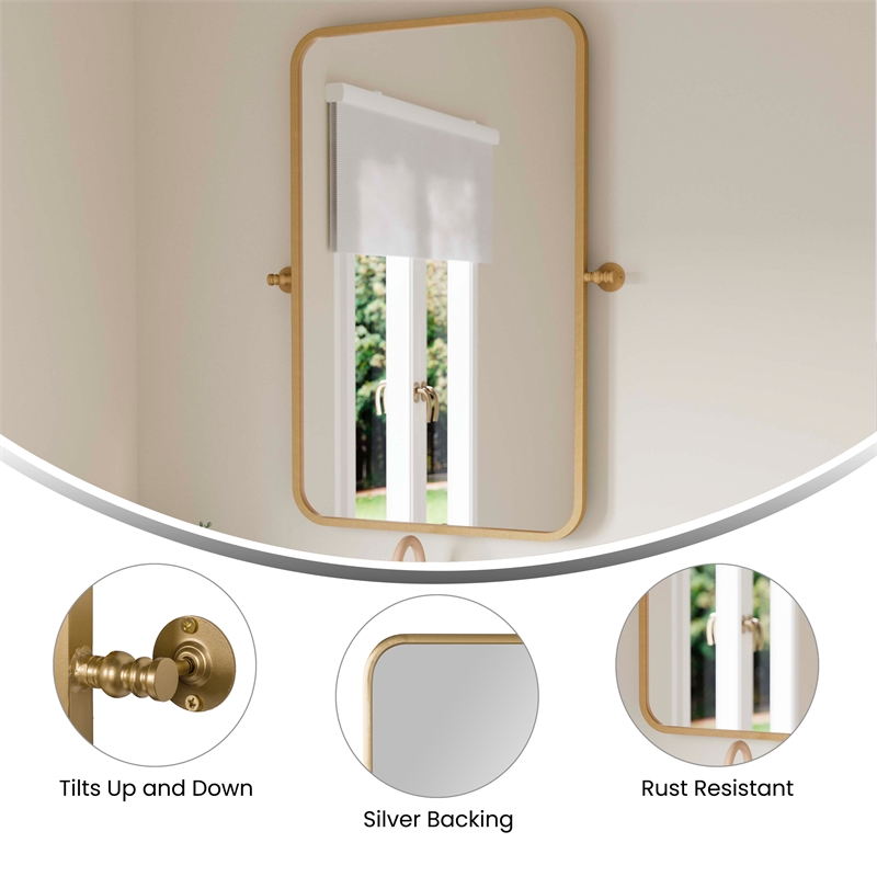Metal Pivot Wall Mirror with Tilt Feature Slim Style Frame in Gold - 35