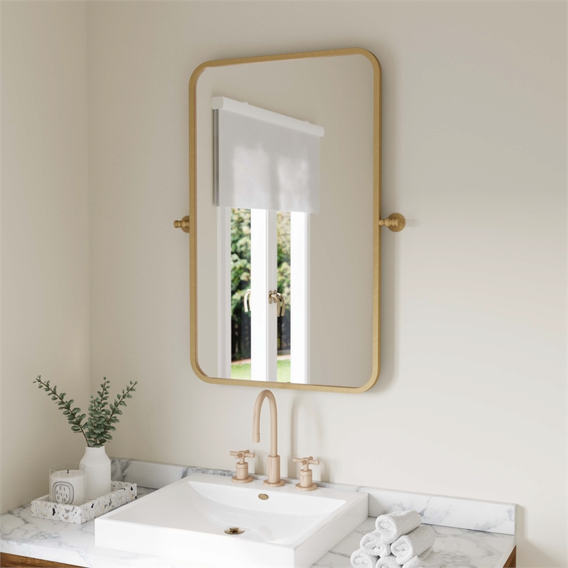 Metal Pivot Wall Mirror with Tilt Feature Slim Style Frame in Gold - 35