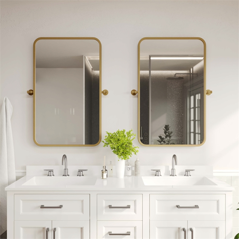 Metal Pivot Wall Mirror with Tilt Feature Slim Style Frame in Gold - 35