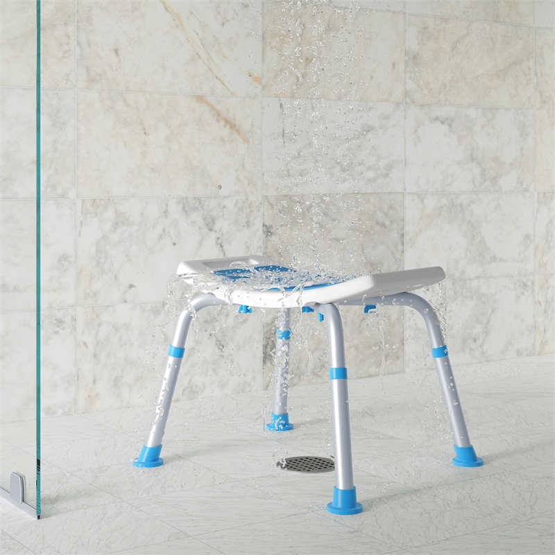 Padded Shower Stool w/ Adjustable Height Non-Slip Feet and Seat Pad in Wht/Blue