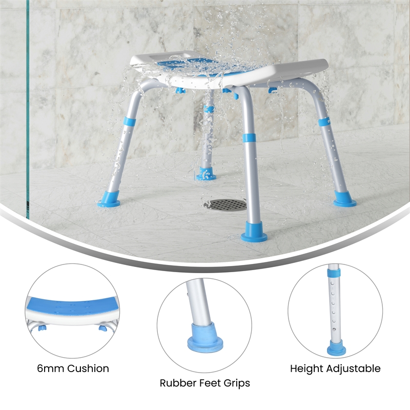 Padded Shower Stool w/ Adjustable Height Non-Slip Feet and Seat Pad in Wht/Blue