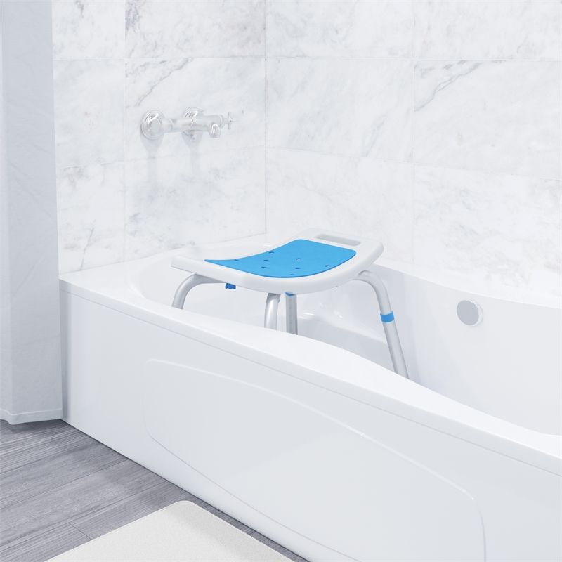 Padded Shower Stool w/ Adjustable Height Non-Slip Feet and Seat Pad in Wht/Blue