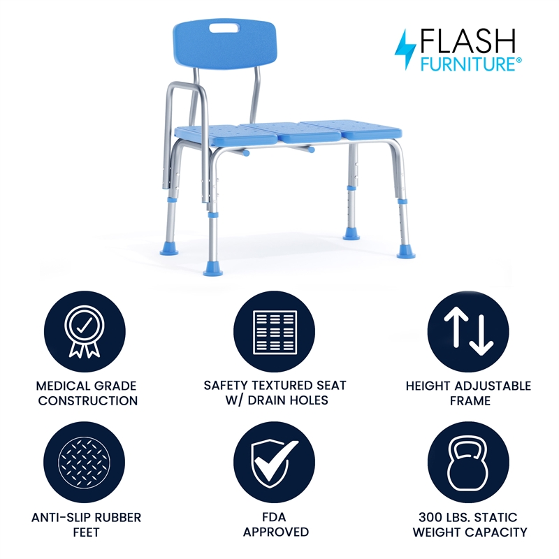 Adjustable Bath & Shower Medical Transfer Bench with Back and Side Arm in Blue