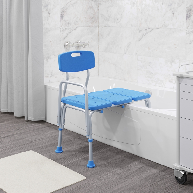 Adjustable Bath & Shower Medical Transfer Bench with Back and Side Arm in Blue