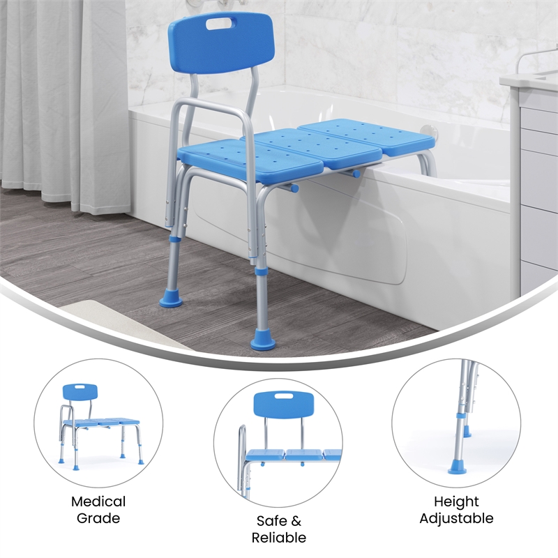 Adjustable Bath & Shower Medical Transfer Bench with Back and Side Arm in Blue