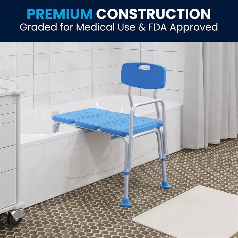 Adjustable Bath & Shower Medical Transfer Bench with Back and Side Arm in Blue