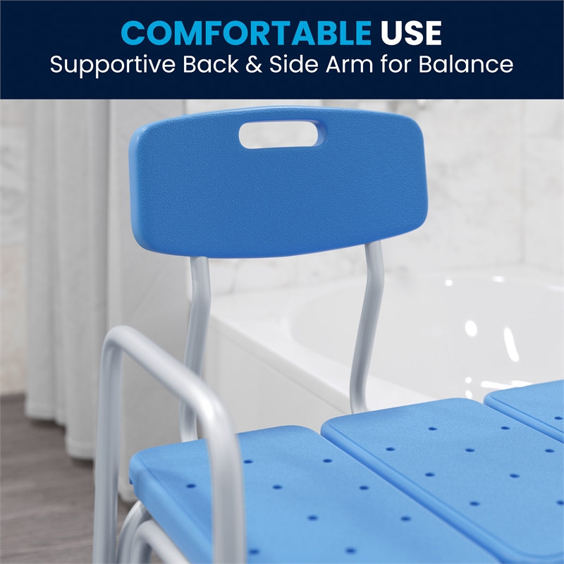 Adjustable Bath & Shower Medical Transfer Bench with Back and Side Arm in Blue