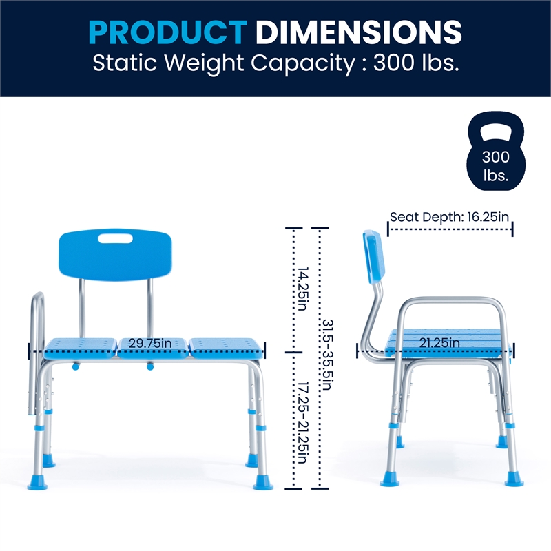 Adjustable Bath & Shower Medical Transfer Bench with Back and Side Arm in Blue