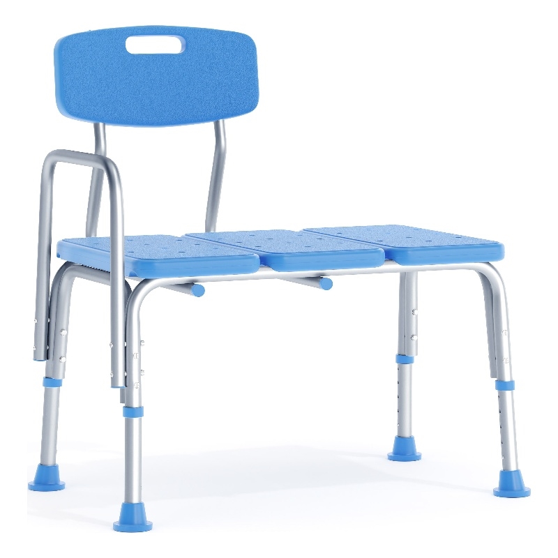 Adjustable Bath & Shower Medical Transfer Bench with Back and Side Arm in Blue