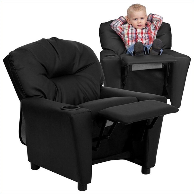 Flash Furniture Leathersoft Upholstered Kids Recliner with Cup Holder in Black