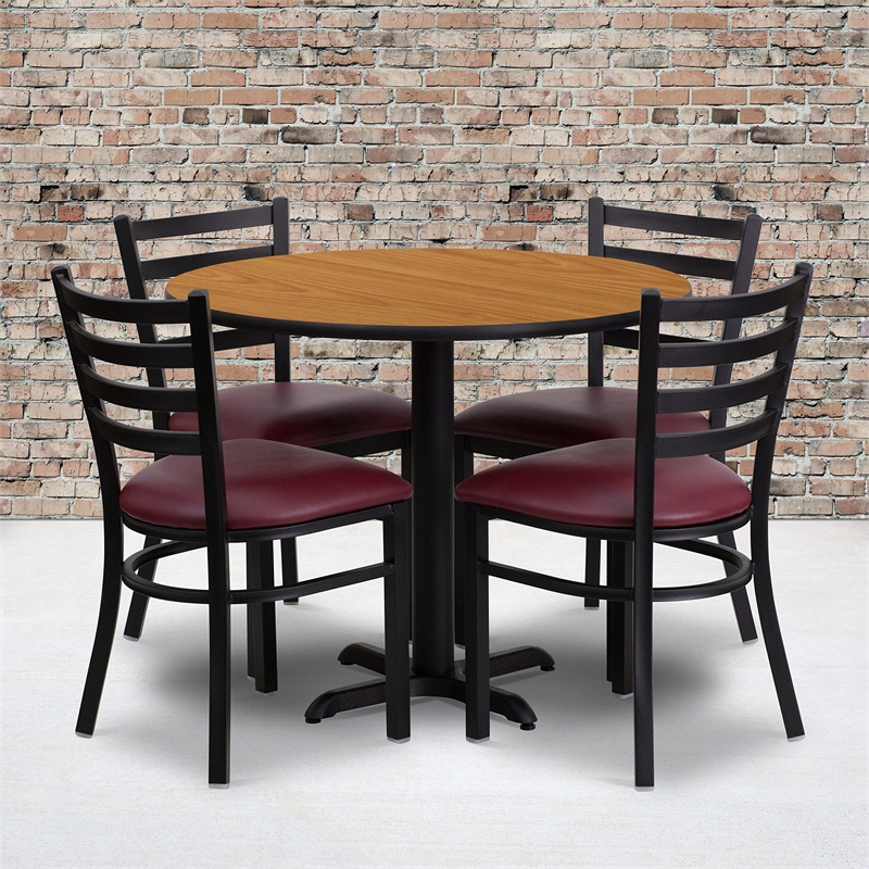 Flash Furniture 36Rd Laminate Table Set In Natural Top Burgundy Vinyl Seat