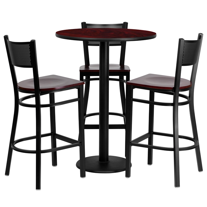 Flash Furniture  Clark 30'' Round Mahogany Laminate Table Set with 3 Grid Back Metal Barstools