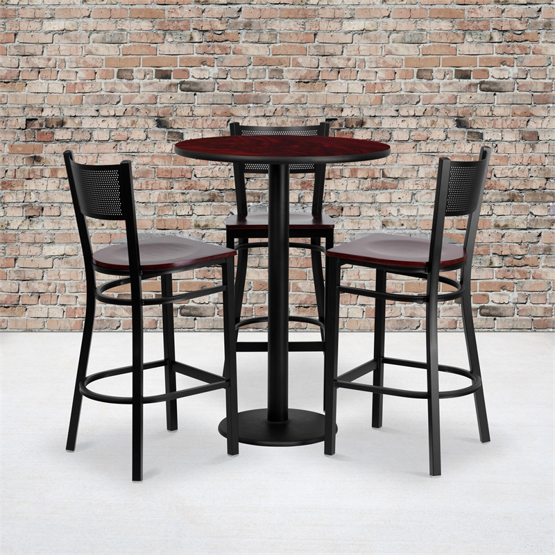 Flash Furniture  Clark 30'' Round Mahogany Laminate Table Set with 3 Grid Back Metal Barstools