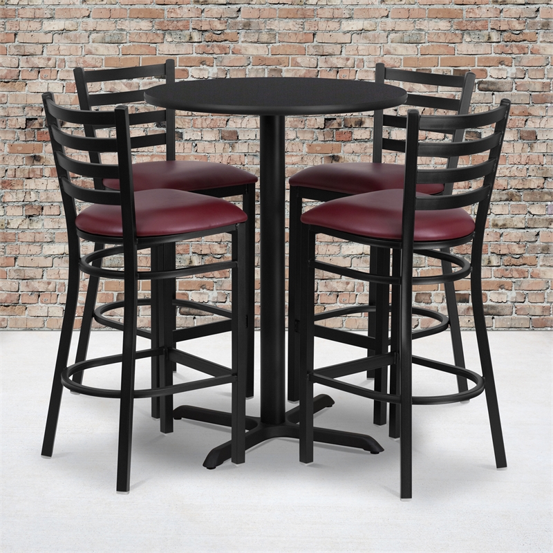 Flash Furniture 30Rd Laminate Bar Table Set In Black Top Burgundy Vinyl Seat