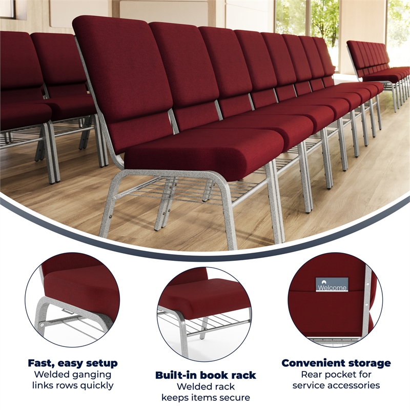 Flash Furniture Hercules Church Guest Chair with Rack in Burgundy