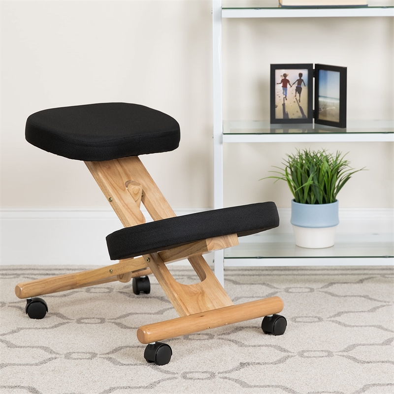 Flash Furniture Mobile Wooden Ergonomic Kneeling Office Chair in Black Fabric