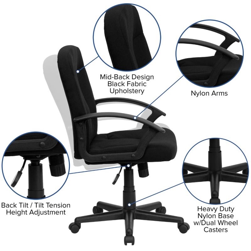 Flash Furniture Mid Back Office Chair with Nylon Arms in Black