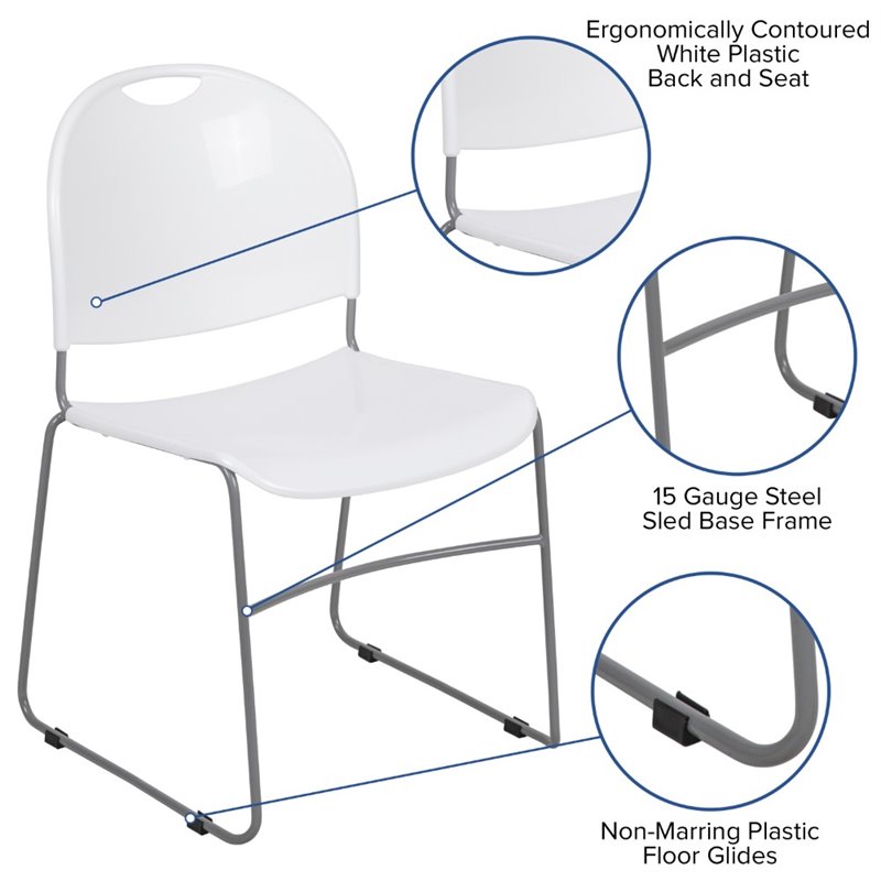Flash Furniture Hercules Plastic Carry Handle Stacking Chair in White and Silver