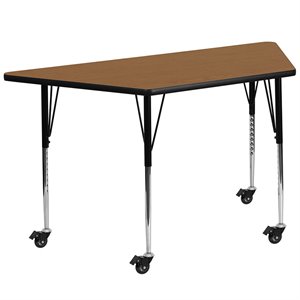 Flash Furniture 31&quot x 58&quot Trapezoid Thermal Fused Top Mobile Table in Oak