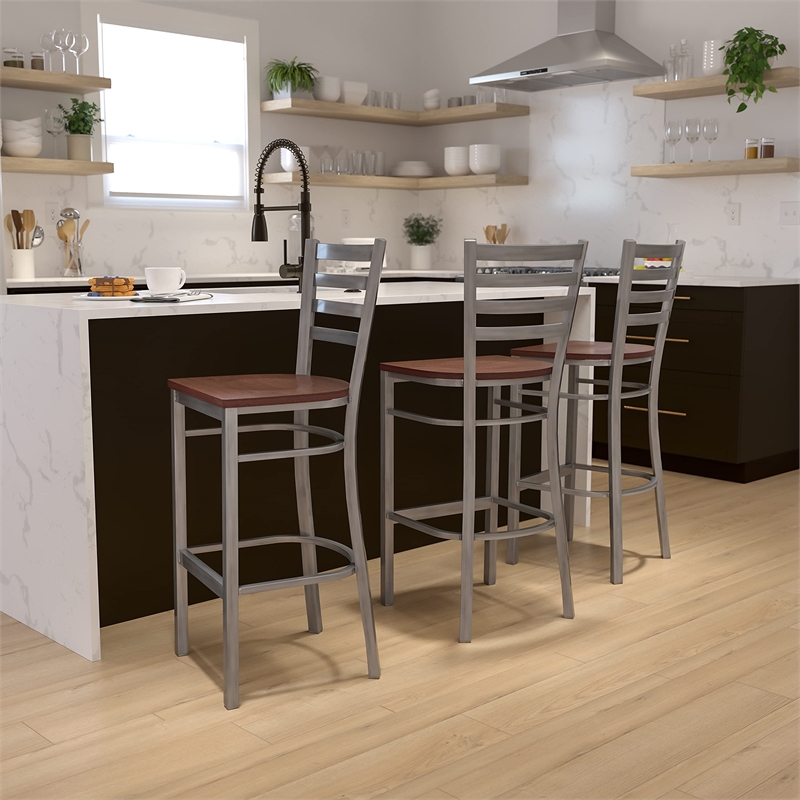 Flash Furniture Ladder Back Metal Barstool - Cherry Wood Seat