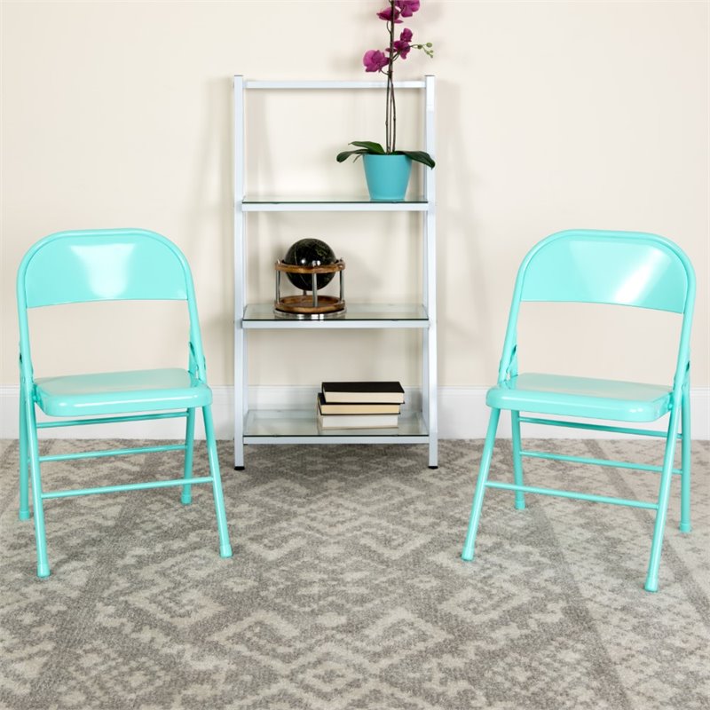 Flash Furniture Hercules Colorburst Metal Folding Chair in Teal (Set of 2)