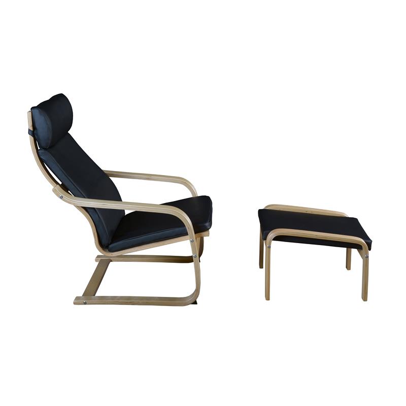 Niche Mia Bentwood Reclining Chair & Ottoman- Natural/ Black Leather