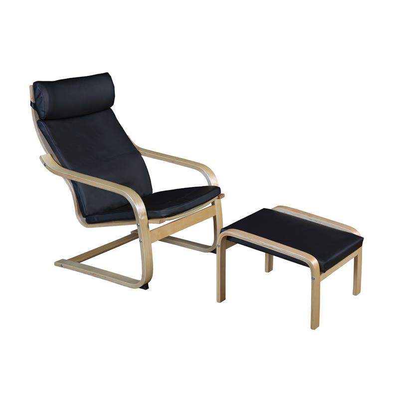 Niche Mia Bentwood Reclining Chair & Ottoman- Natural/ Black Leather