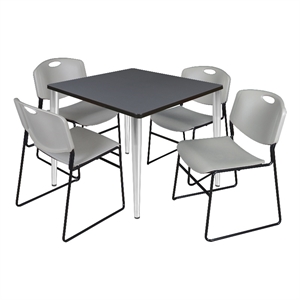 36&quot Square Breakroom Table- Grey Top- Chrome Base & 4 Zeng Stack Chairs- Grey