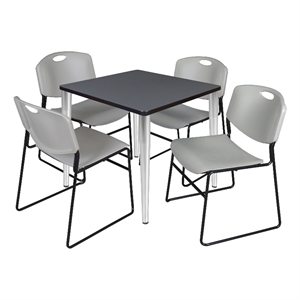 30&quot Square Breakroom Table- Grey Top- Chrome Base & 4 Zeng Stack Chairs- Grey