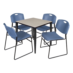 30&quot Square Breakroom Table- Maple Top- Black Base & 4 Zeng Stack Chairs- Blue