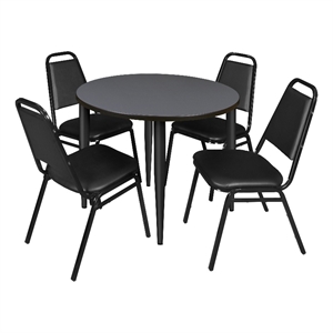 36&quot Round Breakroom Table- Grey Top- Black Base & 4 Restaurant Stack Chairs