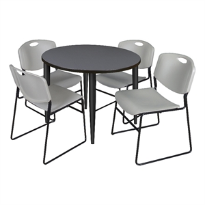 36&quot Round Breakroom Table- Grey Top- Black Base & 4 Zeng Stack Chairs- Grey