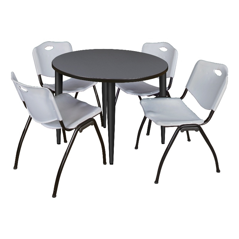 Kahlo 36 in. Round Breakroom Table- Grey Top- Black Base & 4 Stack Chairs- Grey