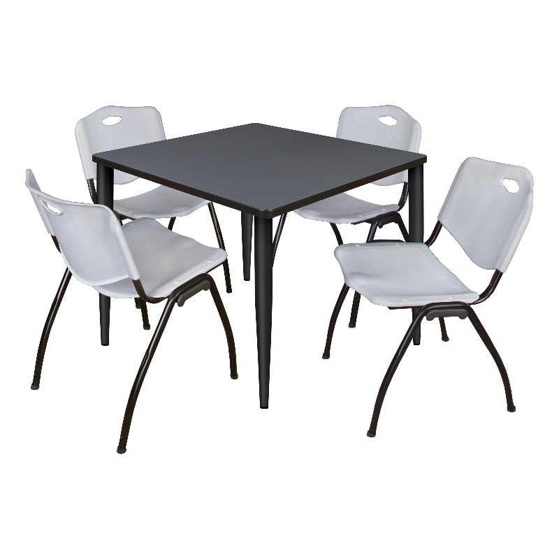 Kahlo 42 in. Square Breakroom Table- Grey Top- Black Base & 4 Stack Chairs- Grey