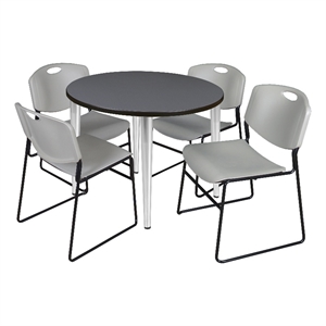 36&quot Round Breakroom Table- Grey Top- Chrome Base & 4 Zeng Stack Chairs- Grey