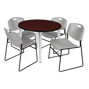 36&quot Round Breakroom Table- Mahogany Top- Chrome Base & 4 Zeng Stack Chairs- Grey