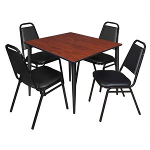 48&quot Square Breakroom Table- Cherry Top- Black Base & 4 Restaurant Stack Chairs