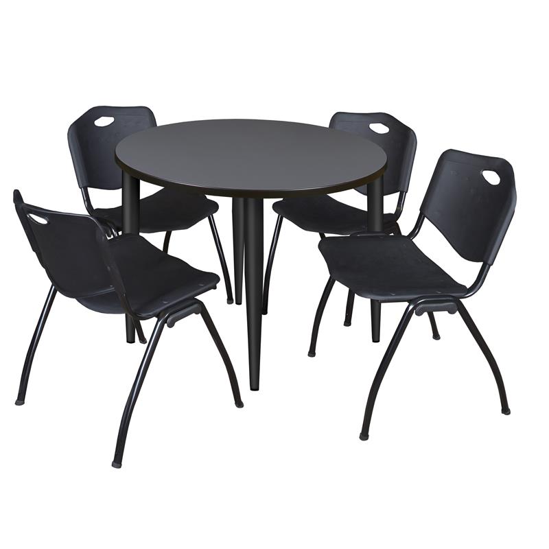 Kahlo 42 in. Round Breakroom Table- Grey Top- Black Base & 4 Stack Chairs- Black