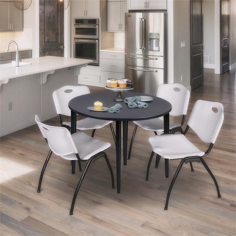 Kahlo 42 in. Round Breakroom Table- Grey Top- Black Base & 4 Stack Chairs- Grey