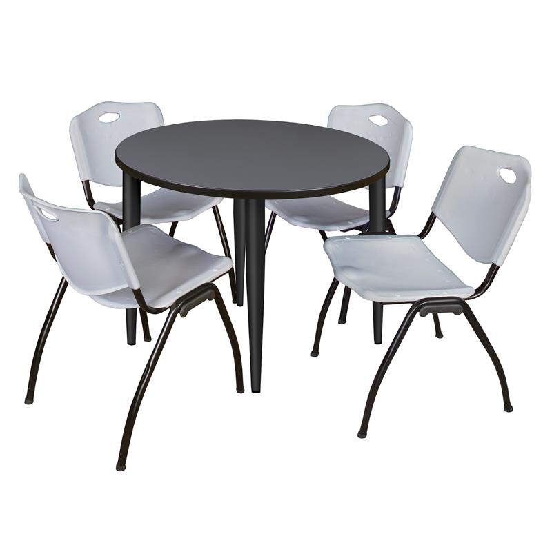 Kahlo 42 in. Round Breakroom Table- Grey Top- Black Base & 4 Stack Chairs- Grey