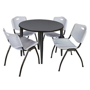 Kahlo 42 in. Round Breakroom Table- Grey Top- Black Base & 4 Stack Chairs- Grey