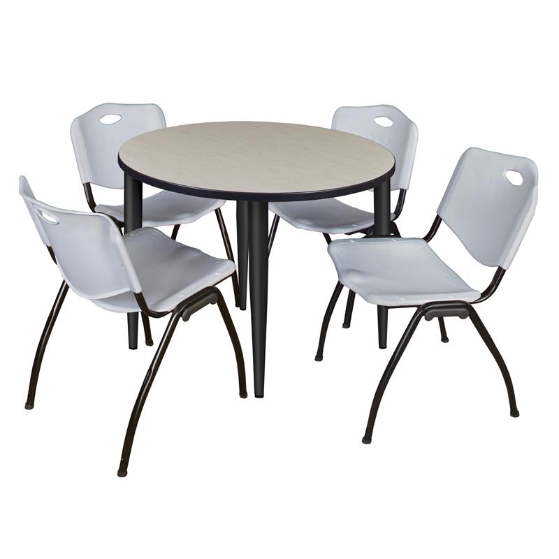 Kahlo 42 in. Round Breakroom Table- Maple Top- Black Base & 4 Stack Chairs- Grey