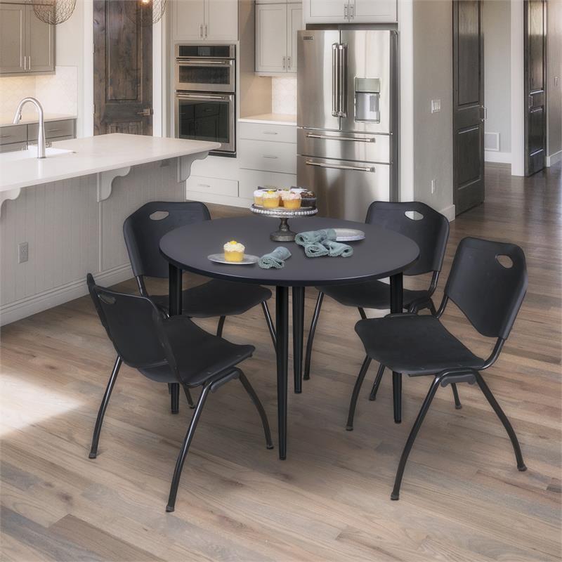 Kahlo 48 in. Round Breakroom Table- Grey Top- Black Base & 4 Stack Chairs- Black