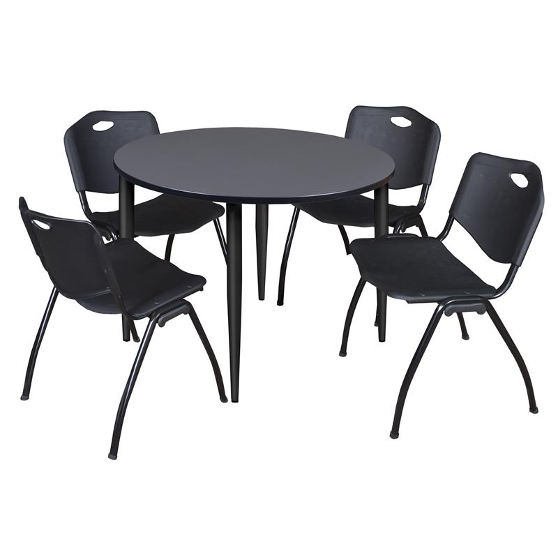 Kahlo 48 in. Round Breakroom Table- Grey Top- Black Base & 4 Stack Chairs- Black