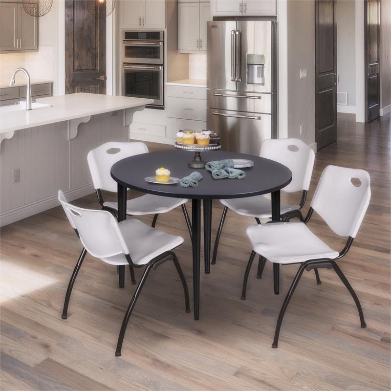 Kahlo 48 in. Round Breakroom Table- Grey Top- Black Base & 4 Stack Chairs- Grey