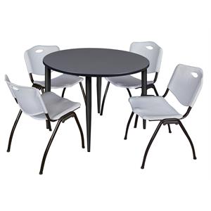 Kahlo 48 in. Round Breakroom Table- Grey Top- Black Base & 4 Stack Chairs- Grey