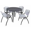 Kahlo 48 in. Round Breakroom Table- Grey Top- Black Base & 4 Stack Chairs- Grey