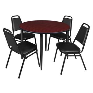 48&quot Round Breakroom Table- Mahogany Top- Black Base & 4 Restaurant Stack Chairs