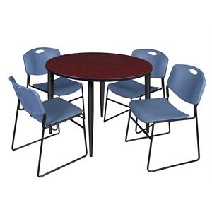 48&quot Round Breakroom Table- Mahogany Top- Black Base & 4 Zeng Stack Chairs- Blue