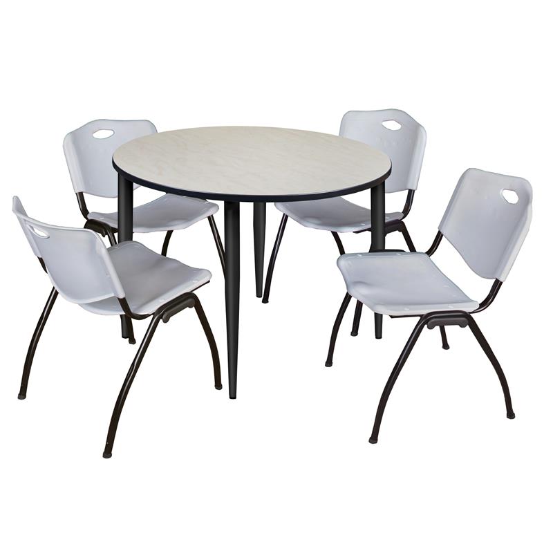 Kahlo 48 in. Round Breakroom Table- Maple Top- Black Base & 4 Stack Chairs- Grey